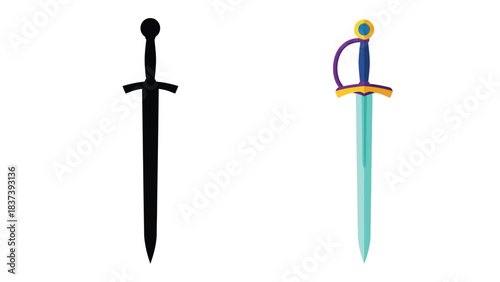 Two swords one black and one colorful are displayed on a white background