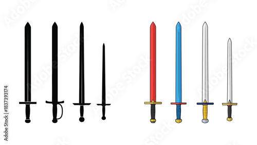 A collection of fantasy swords in various colors and designs shown together