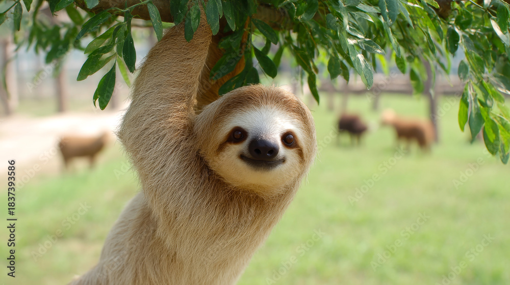 Naklejka premium A charming sloth hanging from a tree branch with a smile. This adorable animal showcases the beauty of wildlife in a serene natural setting. Perfect for animal lovers and nature enthusiasts. AI