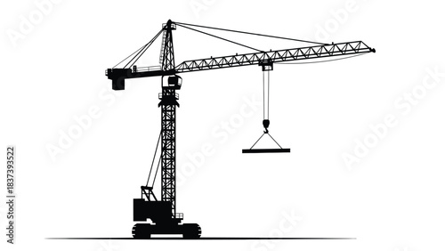Black silhouette of a tall construction crane with a hanging load