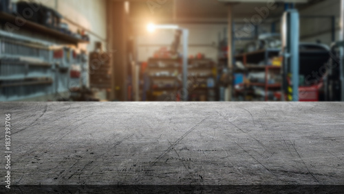 A car service center with lots of shelves and tools and a concrete surface with scratches in the foreground