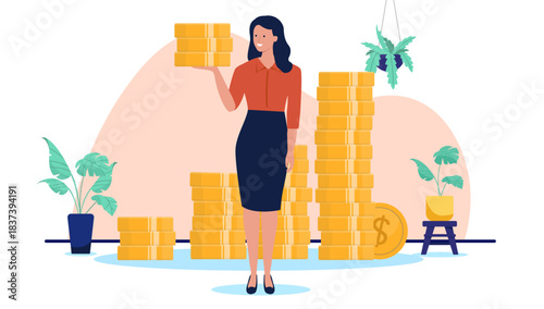 Smiling businesswoman character standing confidently among large stacks of gold coins, representing wealth accumulation, financial growth, investment success, profit, income, and successful finances
