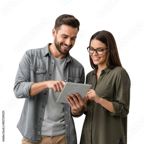 Couple using Tablet, Smiling and Working Together, White Background