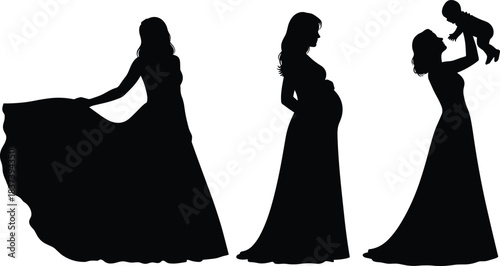 Silhouettes of elegant woman in dress, pregnant mother, and young mom holding baby, symbolizing femininity, motherhood, maternity journey, love, family bond, beauty