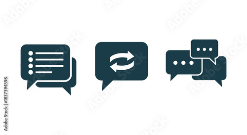 Three dark speech bubble icons representing communication dialogue and messaging silhouette