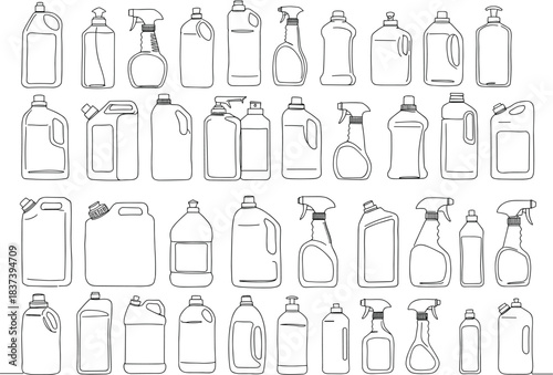 Cleaning product bottles, detergent containers, spray bottle illustrations, plastic packaging, household cleaners, chemical storage, hand-drawn style, vector template