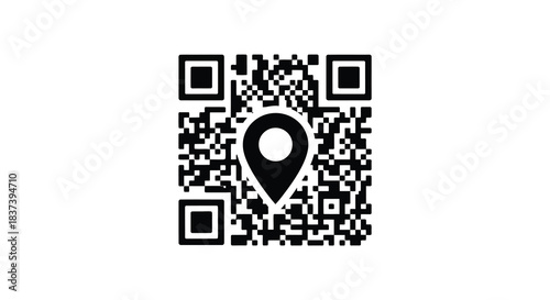 A black and white qr code with a location pin silhouette