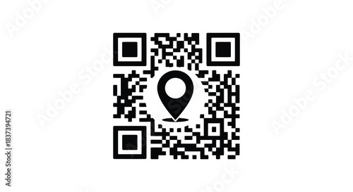 Qr code with location pin symbol in the center black and white silhouette
