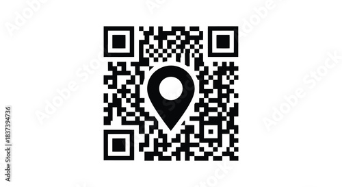 A black and white qr code with a location pin silhouette