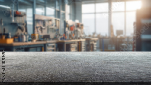 Fotografie Interior of a modern workshop with many tools and a steel tabletop in the foregr
