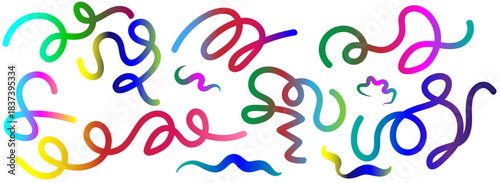 Vibrant Colorful Abstract Swirl Lines Set. Dynamic Gradient Curved Ribbon Strokes on White Background. Vibrant Rainbow Gradient Squiggles Set Colorful Abstract Curly Lines Swirls Vector Elements.