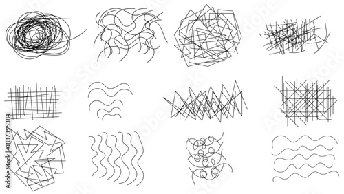 Random chaotic scribble lines collection pencil art set. Abstract random line scribble vector elements including various messy and random lines for design,	
