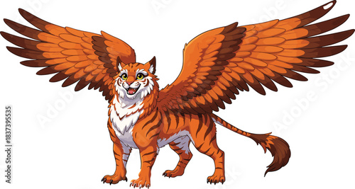 Fantasy flying tiger with large wings, magical creature cartoon illustration, mythical hybrid animal with feathers and fur, majestic fantasy beast for storytelling and design
