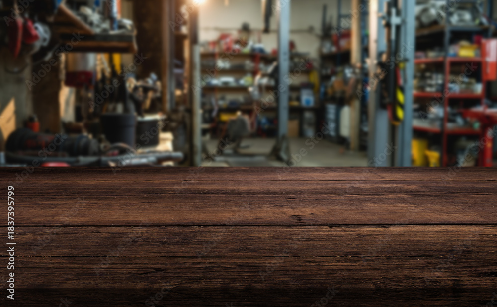 Obraz premium wooden countertop and interior of a car repair shop with spare parts and a car lift