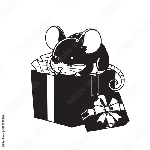 Cute cartoon mouse peeking from a gift box with ribbon.