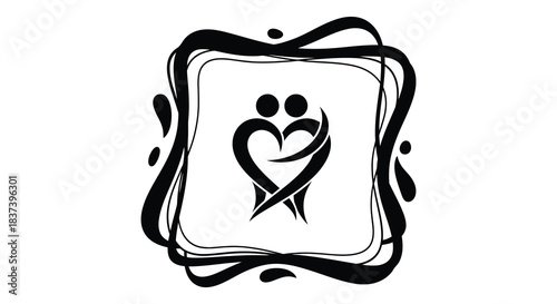 Abstract black frame design with a couple forming a heart silhouette