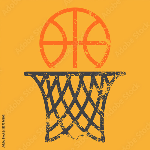 Basketball and hoop icon with distressed grunge texture and bold contrasting colors, suitable for sport-themed graphics, street-style designs, athletic concepts and creative decorative projects.