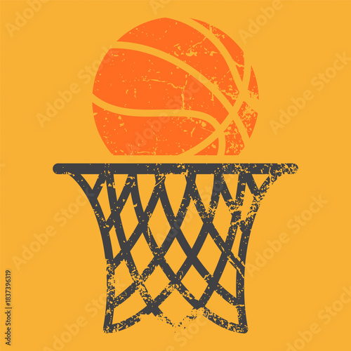 Basketball and hoop icon with distressed grunge texture and bold contrasting colors, suitable for sport-themed graphics, street-style designs, athletic concepts and creative decorative projects.