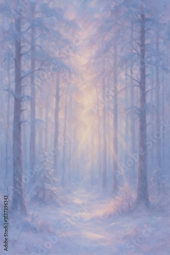 Peaceful snowy forest path in soft blue light, magical winter landscape with falling snow and dreamy atmosphere.
