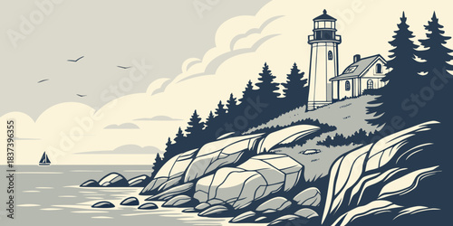 Minimal Acadia rocky coastline vector