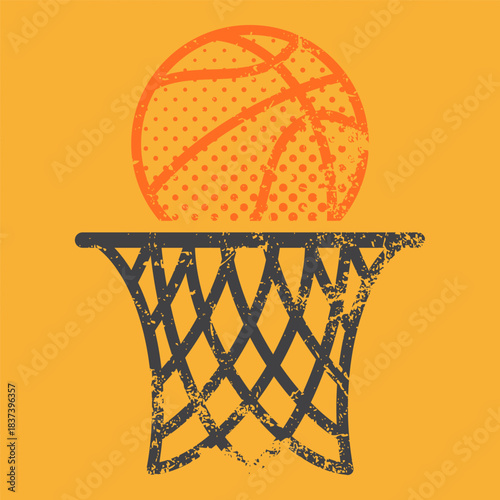 Basketball and hoop icon with distressed grunge texture and bold contrasting colors, suitable for sport-themed graphics, street-style designs, athletic concepts and creative decorative projects.