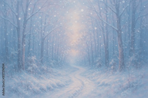 Peaceful snowy forest path in soft blue light, magical winter landscape with falling snow and dreamy atmosphere.