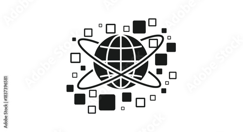 Global network with orbiting lines and digital blocks a striking silhouette