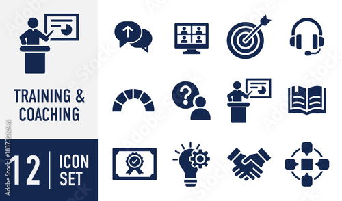Training and Coaching icons set. for business growth, education, mentorship, skill enhancement, professional development, success. Vector. Solid icon collection