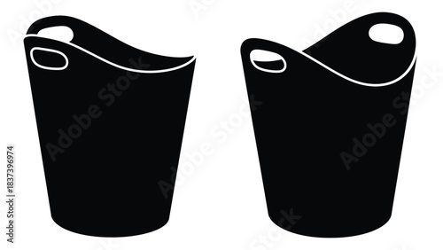 Two black and white graphic illustrations of modern bucket designs