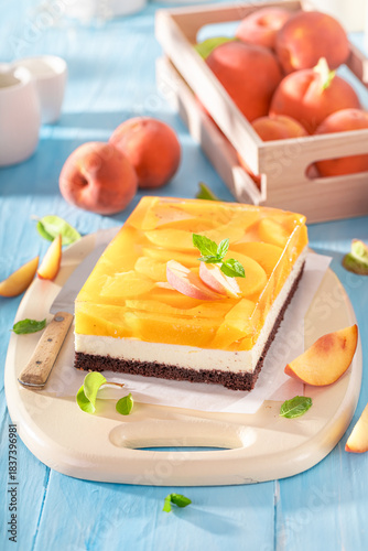 Tasty jelly peach cheesecak...