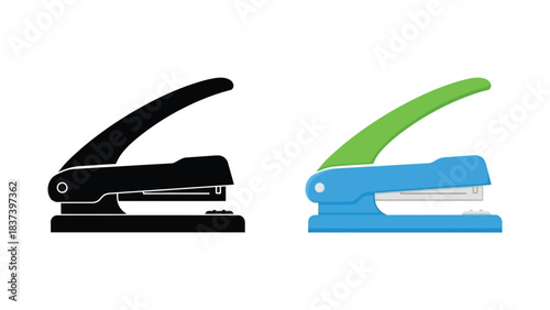 Two office staplers shown in black and a colorful blue and green design