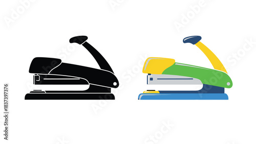 Two staplers presented a black silhouette and a colorful detailed version
