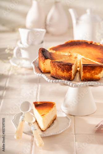 Classic New york cheesecake as traditional cake with cheese.