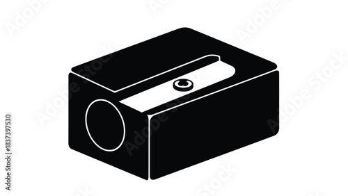 A simple black and white illustration of a classic pencil sharpener