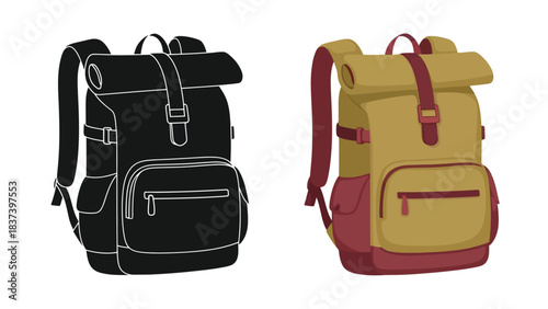Illustration of two roll top backpacks one black and one yellow red