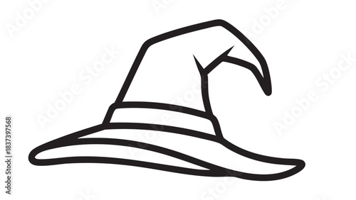 A simple black and white illustration of a witch's hat on a plain white background viewed from the side