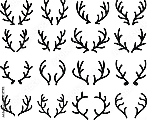 Black deer antlers vector set, stag horns silhouette icons collection