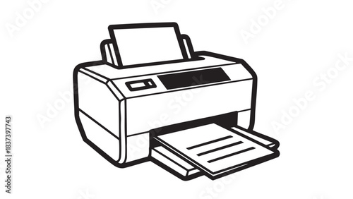 A simple line drawing of a printer with its paper tray open on a white background