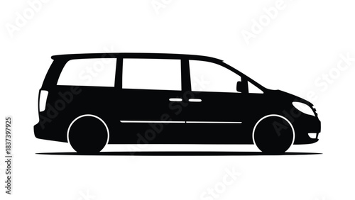 A sleek black silhouette of a modern minivan side view simple design