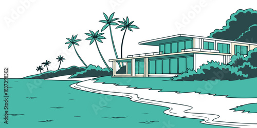 Virgin Islands – Modern Minimal Turquoise Bay Vector, Clean Caribbean Coastline Illustration, Bright National Park Seascape Design