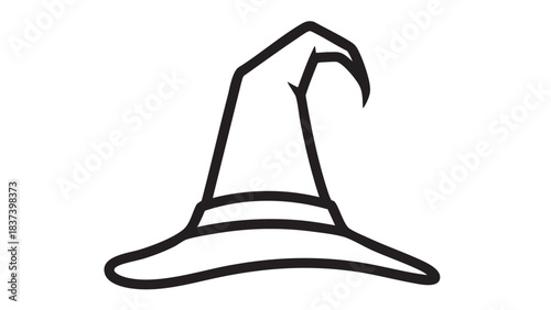 A witch's hat is depicted in a simple line drawing on a plain white background