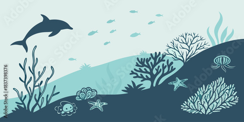 Biscayne – Flat Coral Reef Minimal Shapes Vector, Modern Underwater Illustration, Clean Florida National Park Seascape Design
