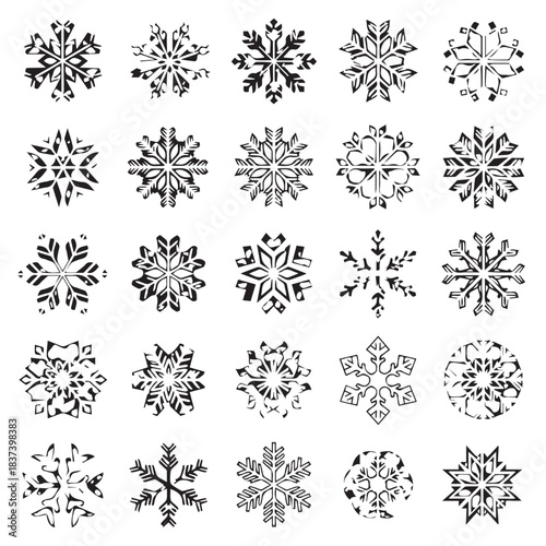 Collection of intricate monochrome snowflakes in geometric radial patterns.