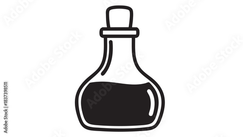 A simple black and white illustration of a glass bottle containing a dark liquid viewed from the front