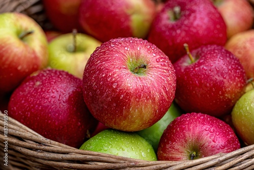 Close-up view of freshly harvested apples resting in a woven basket. The apples show vibrant red and green colors, glistening with water droplets, emphasizing their freshness