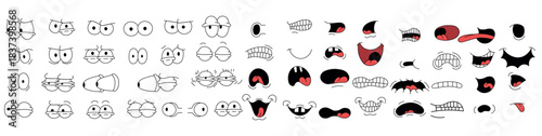 Retro cartoon emotions. Cartoon faces. Emotional face, funny eyes and mouth, different facial expressions: good and evil, happy and sad. Vector set, hand-drawn, clear black outline.