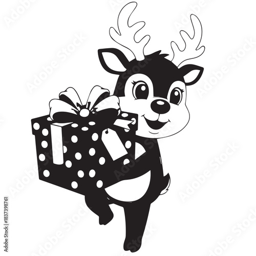 Cute cartoon reindeer delivering a festive gift in a timeless black-and-white illustration scene.