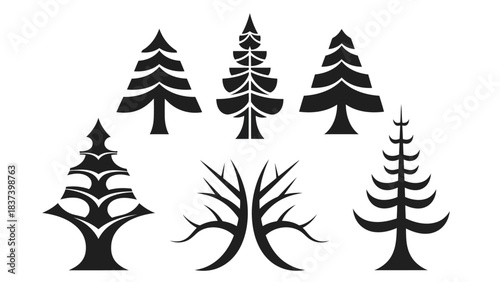 Winter trees silhouettes collection set of six stylized black evergreen tree and bare tree silhouettes