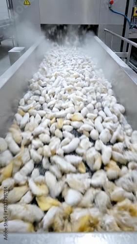 Bulk potato wedges move along a conveyor belt in a frozen food processing facility during a timelapse