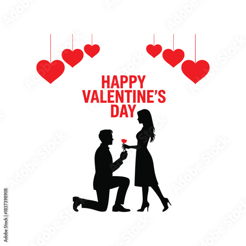 Valentine’s Day Proposal Silhouette with Couple and Hanging Hearts